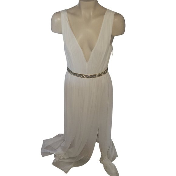 White Sleeveless Deep V-Neck Gown With Gold Glitter Waistband & Pleated Skirt Sm - Picture 1 of 9